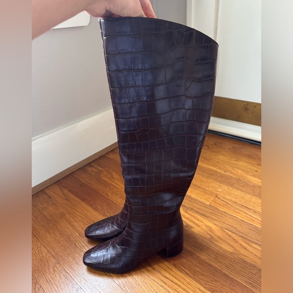 New! $833 Sigerson Morrison Brown Red Knee High Croc Leather‎ block heel boots - Picture 8 of 10